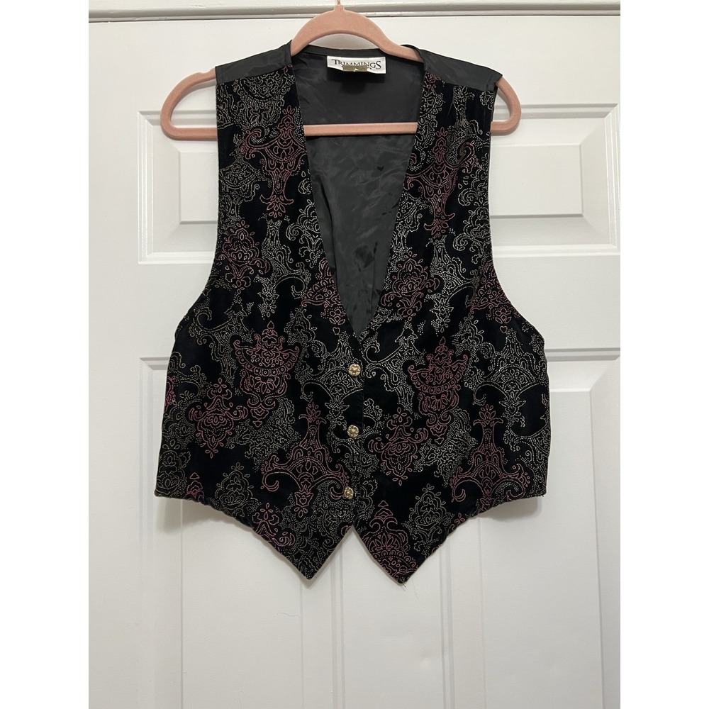 Retro Black Pink Velvet Whimsigoth Embellished 90's Vest Sz Medium